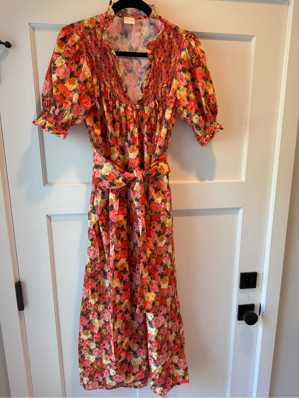 Loretta Caponi Firenze Floral Cotton Dress Smocked Belt Size S Made in Italy